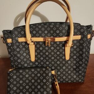 Black /Blue Patterned Tote Bag with Tan Trim With Matching Pouch